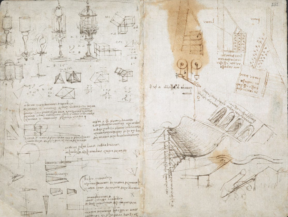 Two pages from da Vinci's notebook with some illustrations of devices