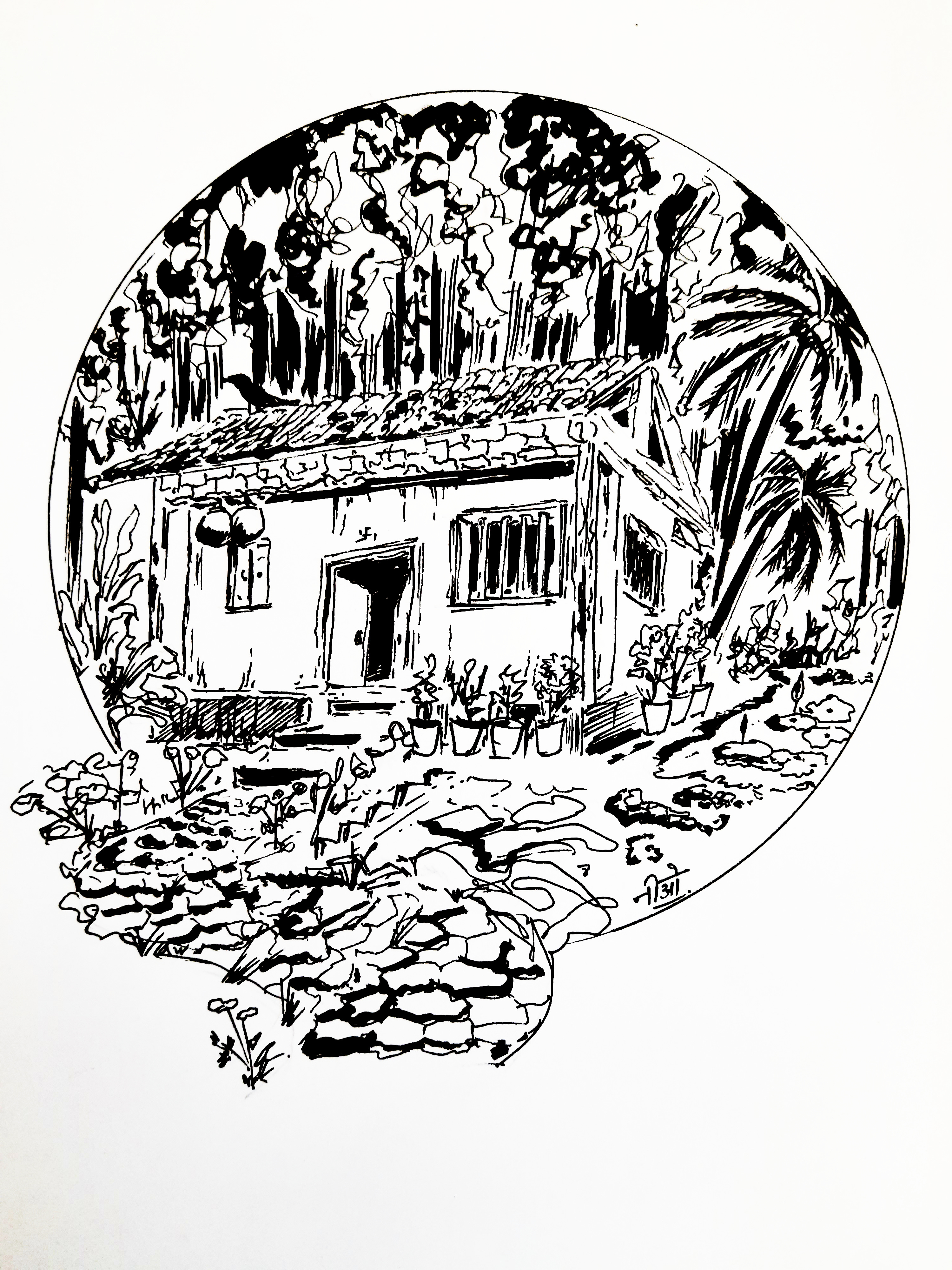 House in the Woods - drawn in ink