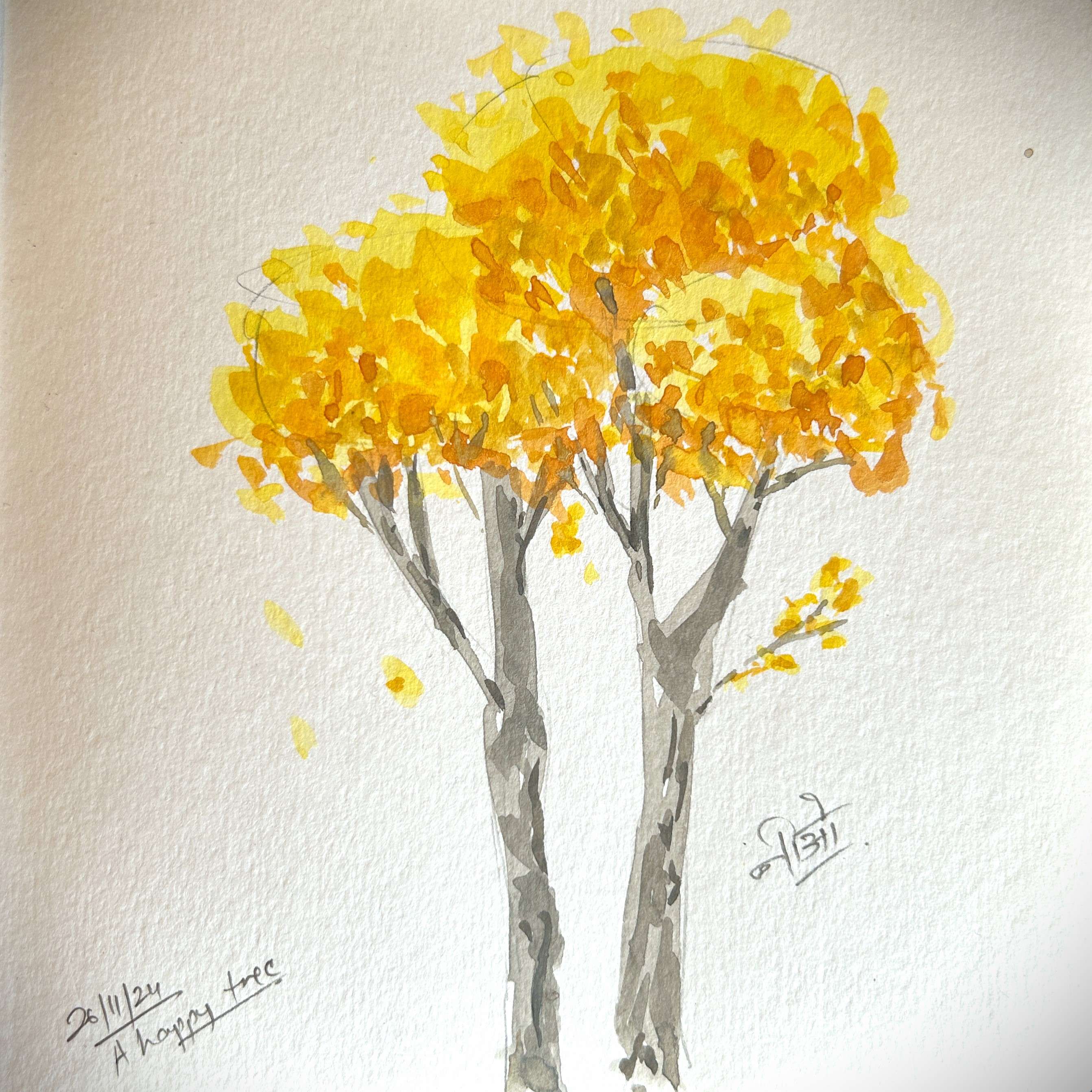 Watercolour sketch of a happy tree