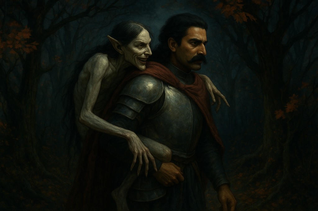 Gothic Art of Vikram-Baitaal using Sora, Vikram is carrying Baitaal on his shoulder